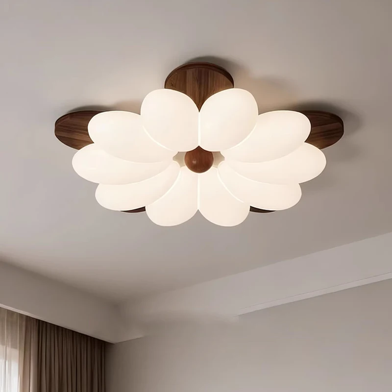 Chinese Style Bedroom Ceiling Lamps Solid Wood Walnut Color Petal Flower Lamp LED Boy Girl Bedroom Children's Room Ceiling Light