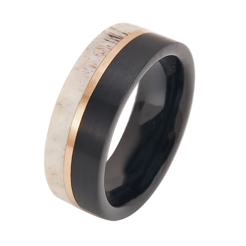 2025 New Black Man's Tungsten Wedding Rings Brushed Flat Top with Natural Deer Antler Size 6-13 Comfort Fit