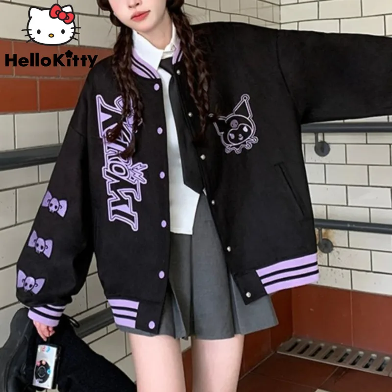 Sanrio Kuromi Loose Cardigan Shirt Women Cartoon Korean Fashion Jacket Spring Autumn Loose Tops Y2k Female Cute Black Thin Coat