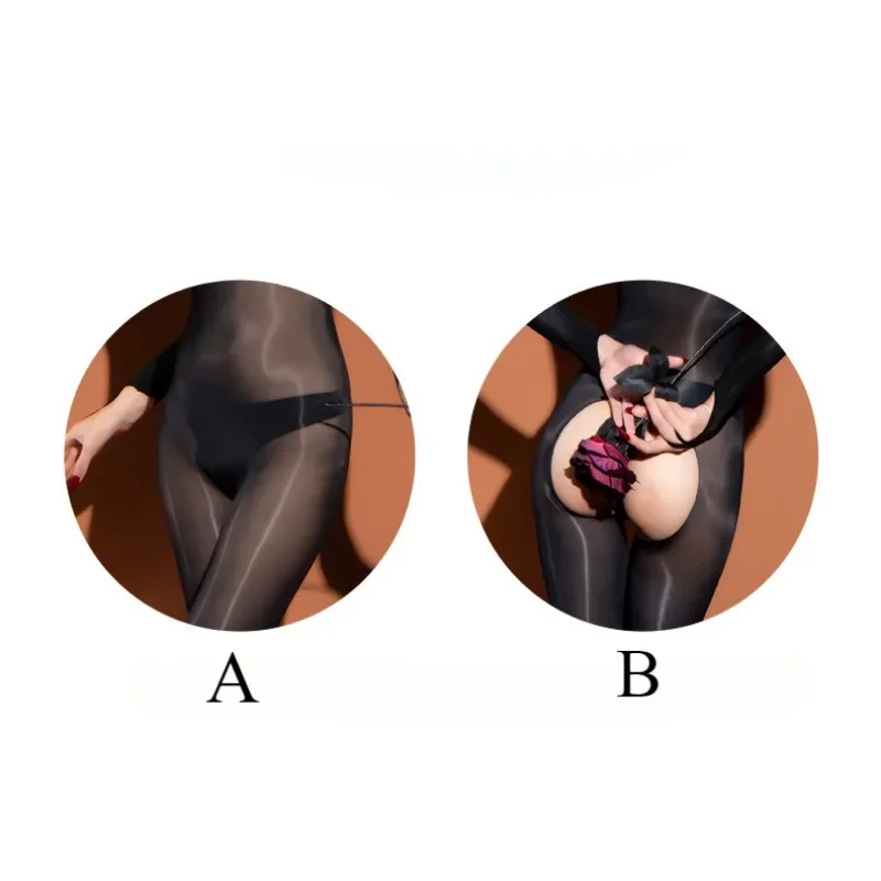 Full Stockings Bodysuits Women Oil Shiny Five Fingers Jumpsuit Open Crotch Pantyhose Smooth Catsuits One-piece Garment Teddy