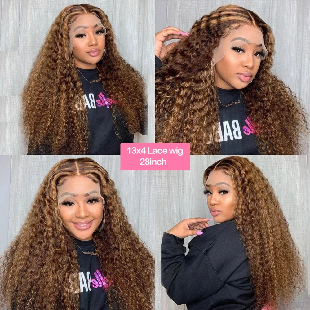 Peruca de cabelo humano encaracolado profundo Glueless, HD Lace Frontal Wig, Honey Blonde Destaque Encerramento Peruca, 13x4 Lace Front Perucas, 4x4