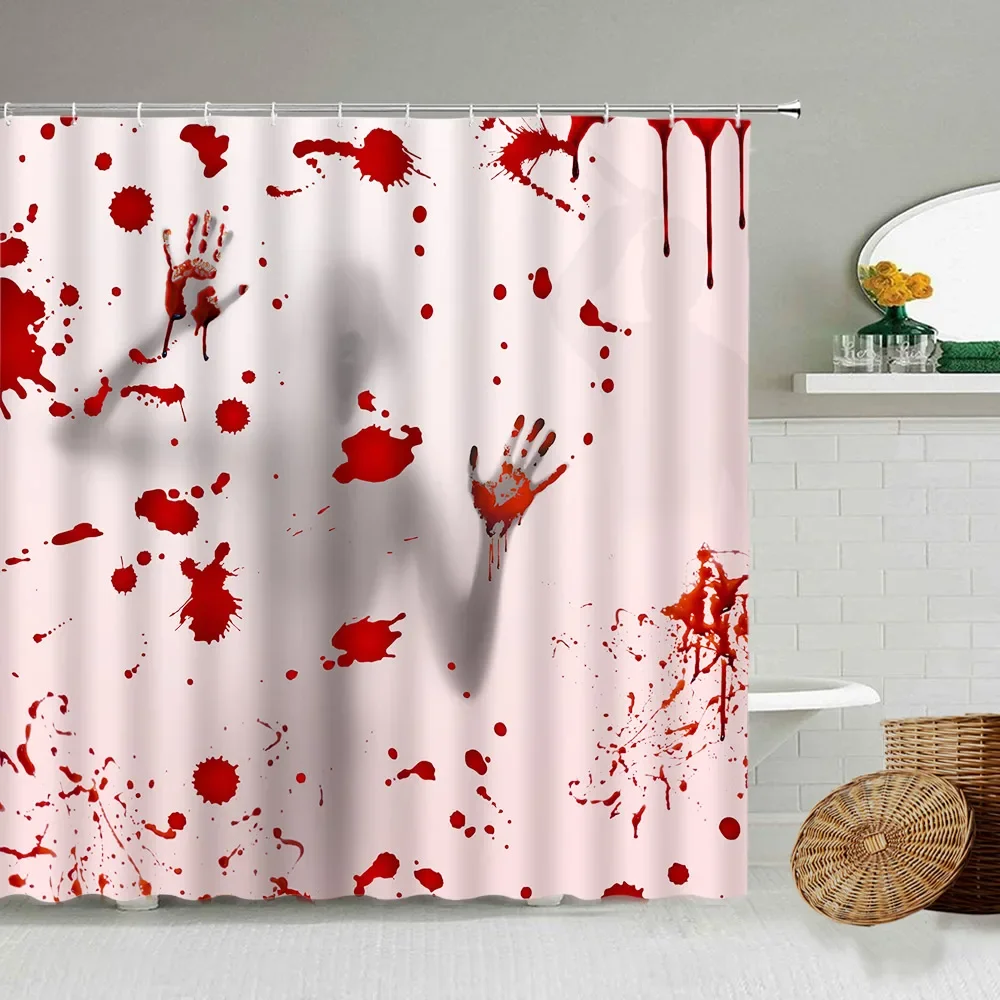 Horror Handprint Shower Curtains Red Blood Creative Halloween Bath Curtain Modern Waterproof Cloth Bathroom Decor with Hooks