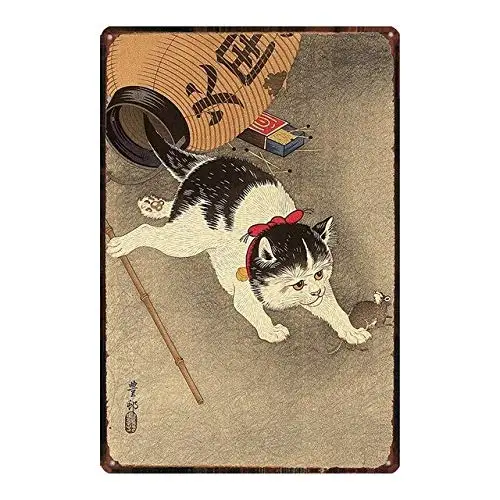 nobrand Japanese Styel Samurai Cat Tattoo Cat Metal Tin Sign Retro 8x12 Inches 03