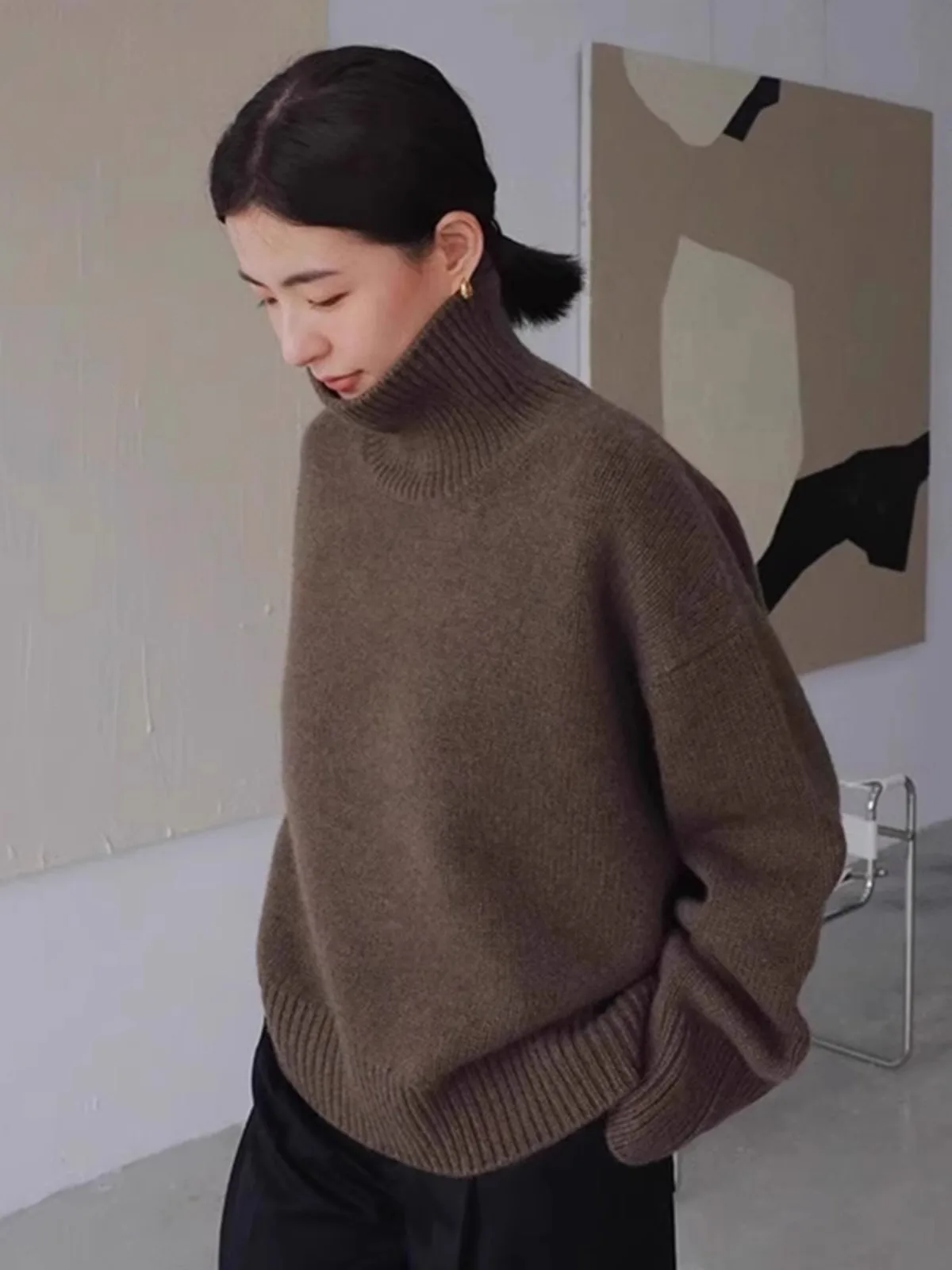 High-end soft waxy turtleneck 100% pure cashmere sweater women's lazy loose silhouette thickened sweater base wool sweater