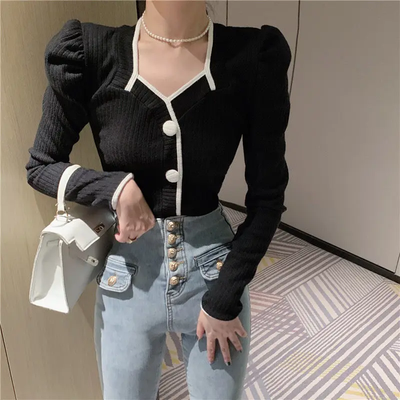 French Style Bubble Sleeve Contrasting Color Square Neck Long Sleeved T-shirt Women Autumn New Temperament Base Shirt Top