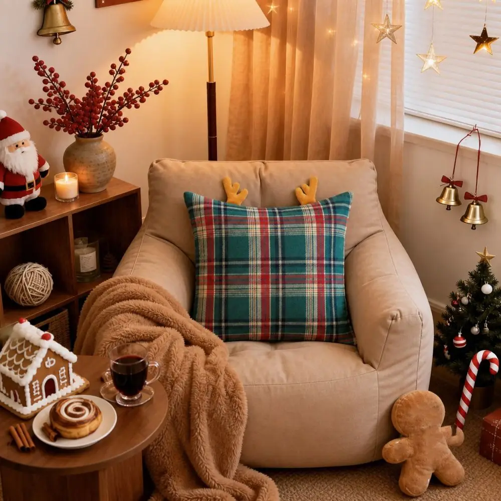 Holiday Decor Plaid Christmas Pillow Cover Festive Antlers Cushion Pillowslip Exquisite Soft Sofa Pillowcase Bedroom
