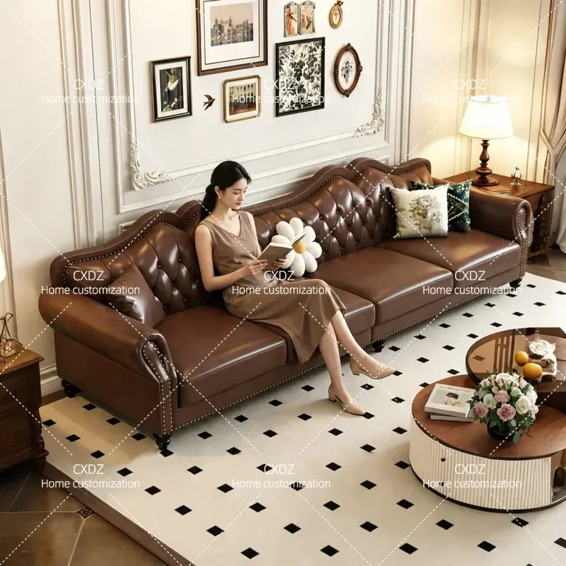 American Style Solid Wood Sofa Antique Retro Corner Buckle Design Living Room Office Furniture Combination for Small