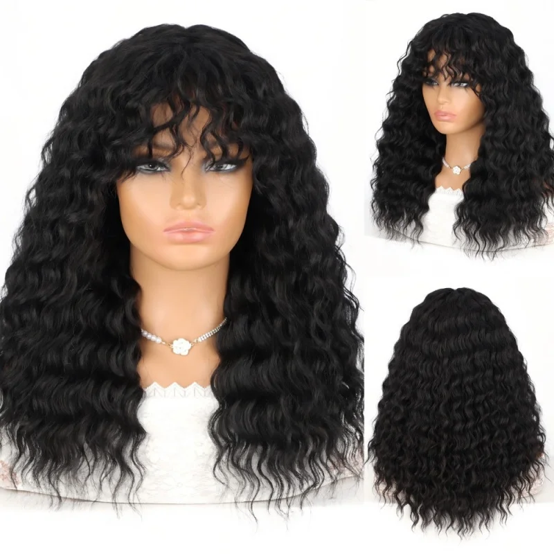 Women's synthetic high-temperature fiber , African-style small curls with bangs, long curly hair, machine-made wig