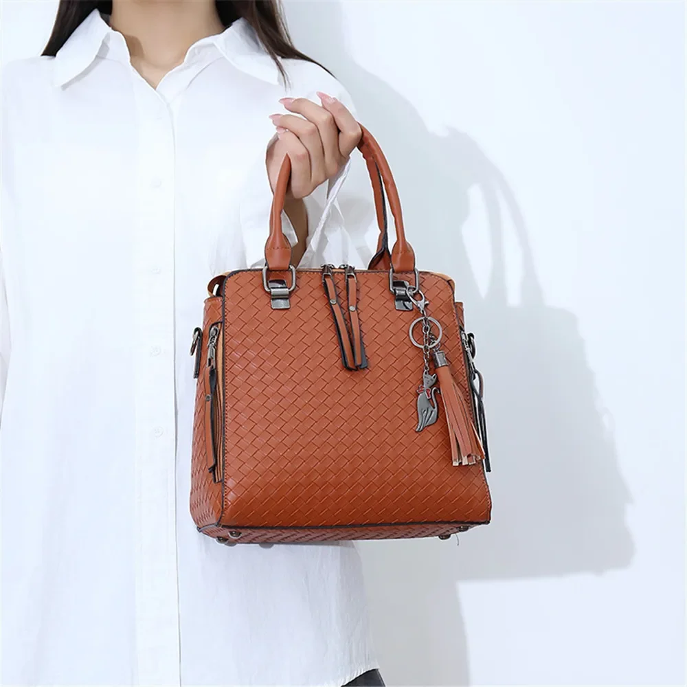 4PCS/SET Women Woven Handbag Casual Tassel Shoulder Crossbody Bag Purse Wallet Fashion Messenger Bags Female Composite Tote Bags