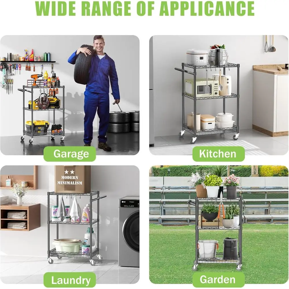 Carrinho utilitário de metal resistente de 3 camadas com rodas, capacidade de 750 libras, organizador de cozinha ajustável para uso interno e externo