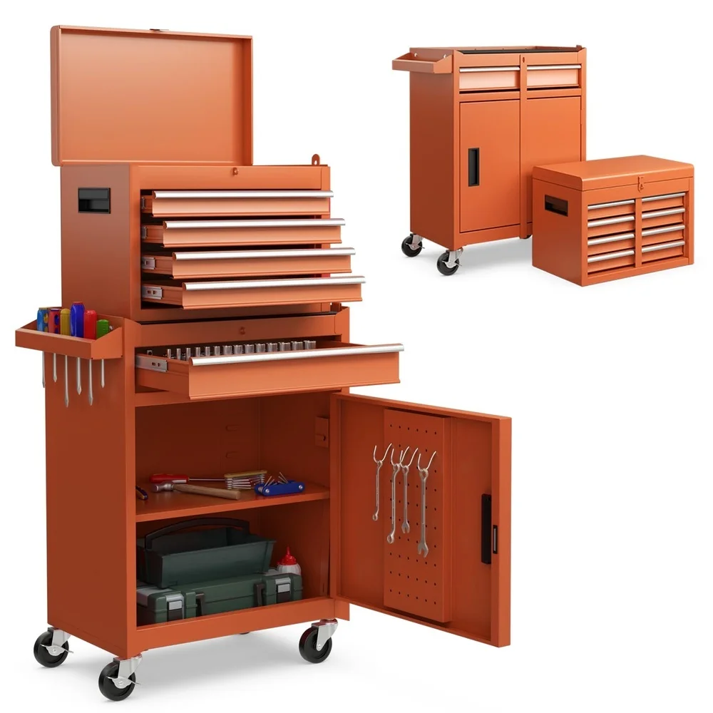 2 in 1 Detachable Rolling Metal Tool Chest 5 Drawers Orange