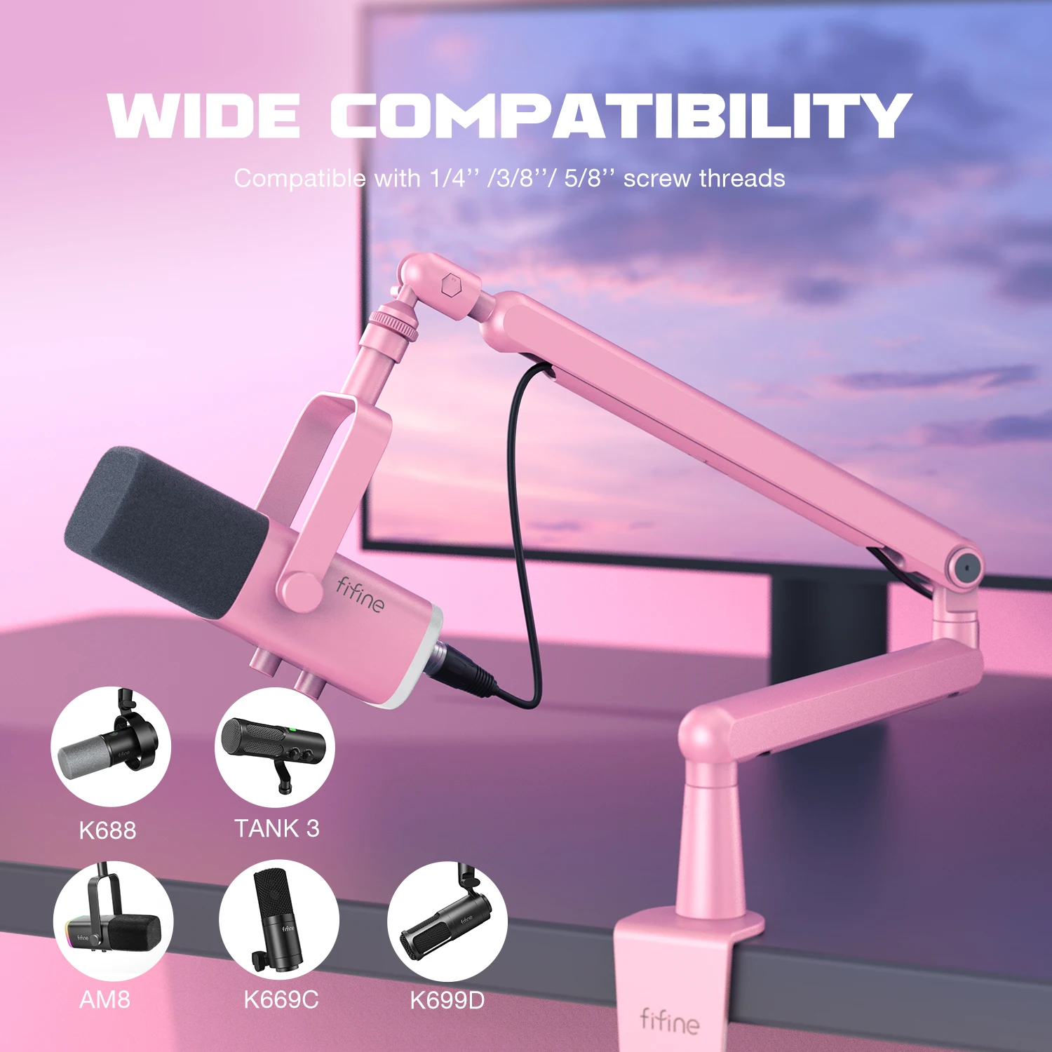 FIFINE Microphone Low Profile Boom ,Metal Adjustable Mic Arm with Cable Management/C-Clamp for Streaming AM8,K688-BM88P-Pink