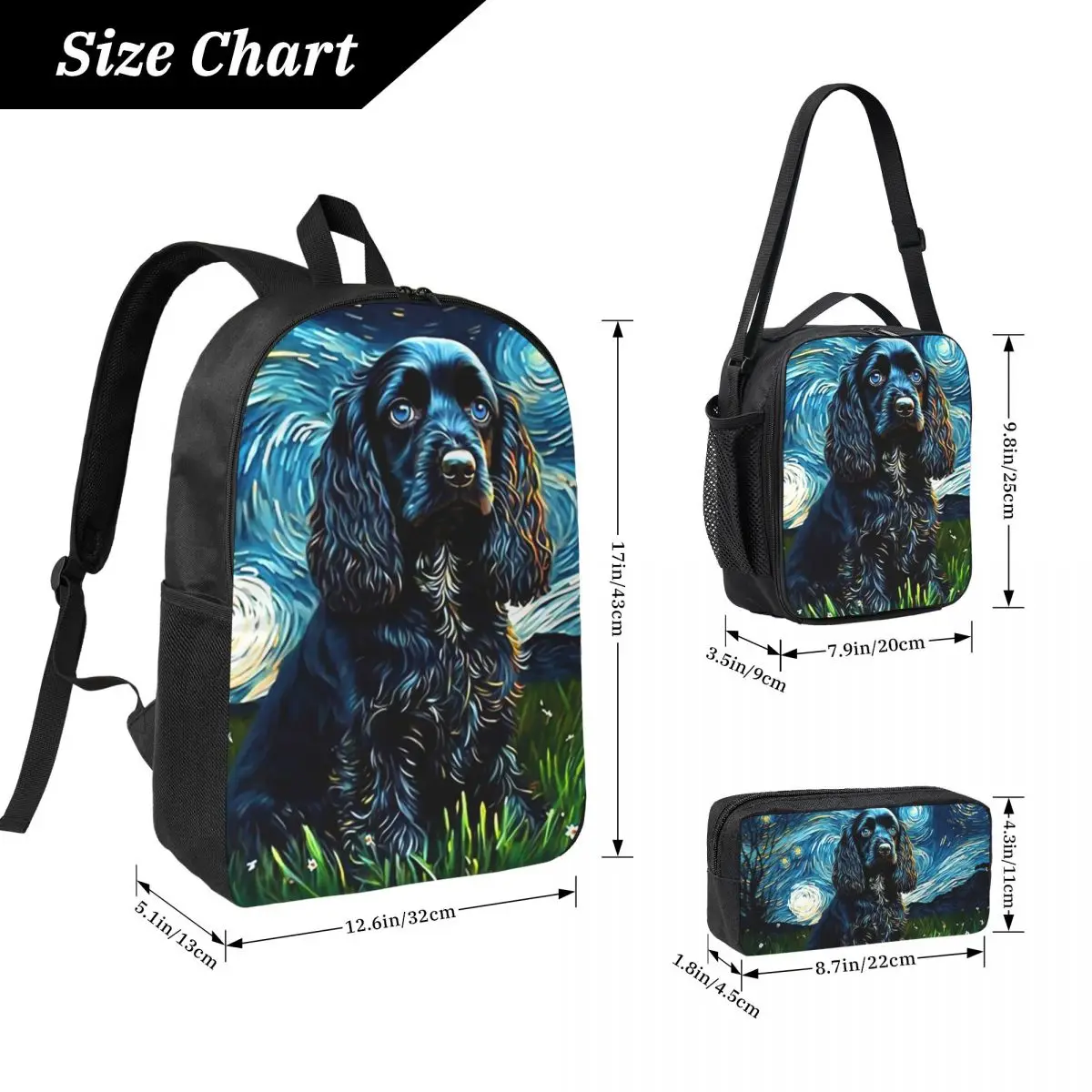 A Cocker Spaniel Puppy Starry Night Backpack BookBag School Bag Computer Shoulder Bags 3ps Insulated Lunch Bag Pencil Case