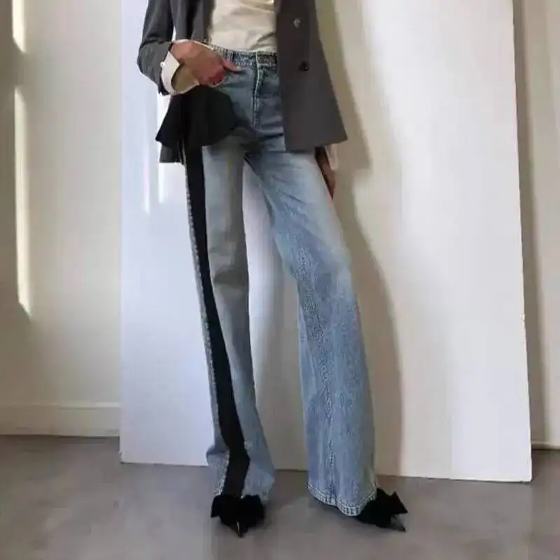 ANJY Autumn New Women Trendy Jeans Side Bowknot Contrast Color Patchwork Denim Temperament Stylish Versatile Casual Pants A10063