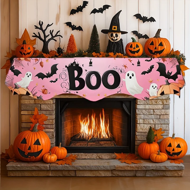 VIKAMA Halloween Fireplace Mantel Scarf Boo Ghost Bat Mantel Topper Spooky Fireplace Shelf Cover Fall Party Home Decor