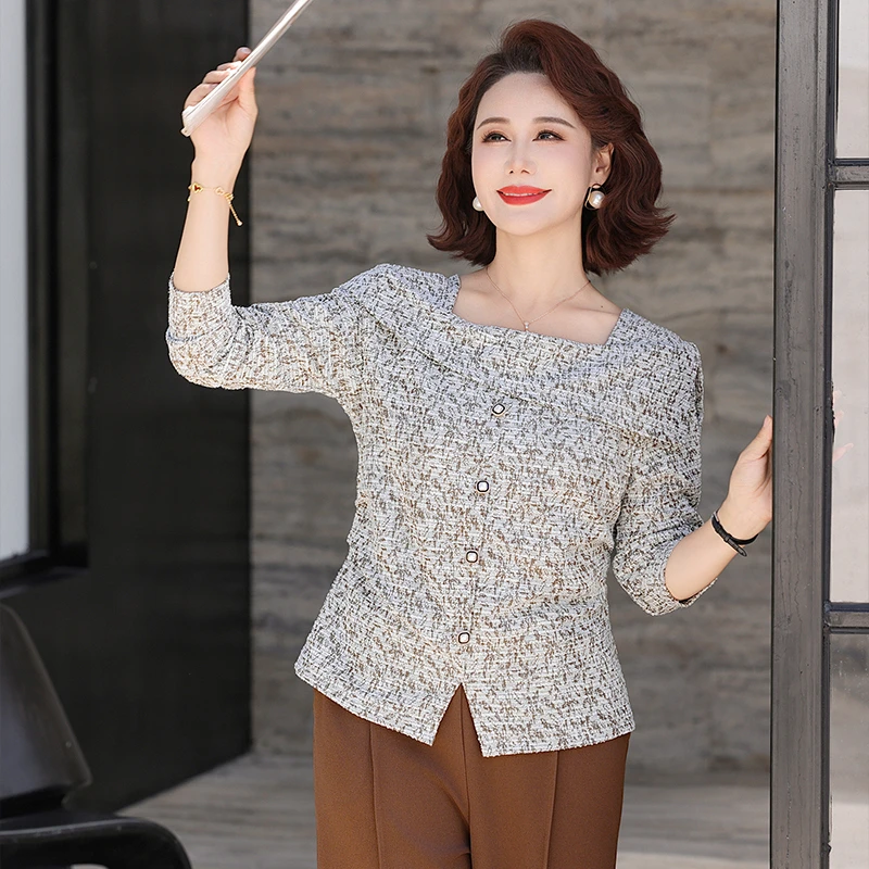 Women's One character gray collar Asymmetric Shirt Versatile Office Blouse Spring Autumn Tops
