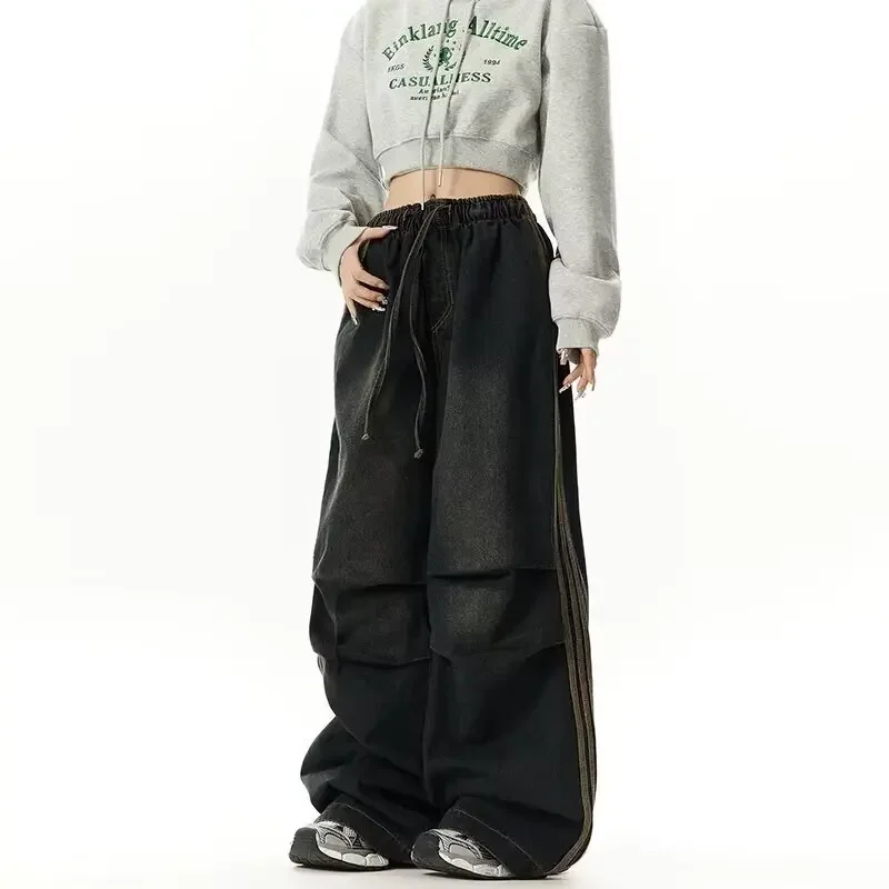 American Style Wide Leg Jeans Men Women's Side Stripe High Street Trousers Couple Casual Pants Spring Autumn