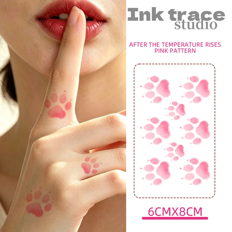 Thermosensitive Color-Changing Cat Paw Temporary Tattoo Stickers, Waterproof, Black-to-Pink Gradient, Pet Design