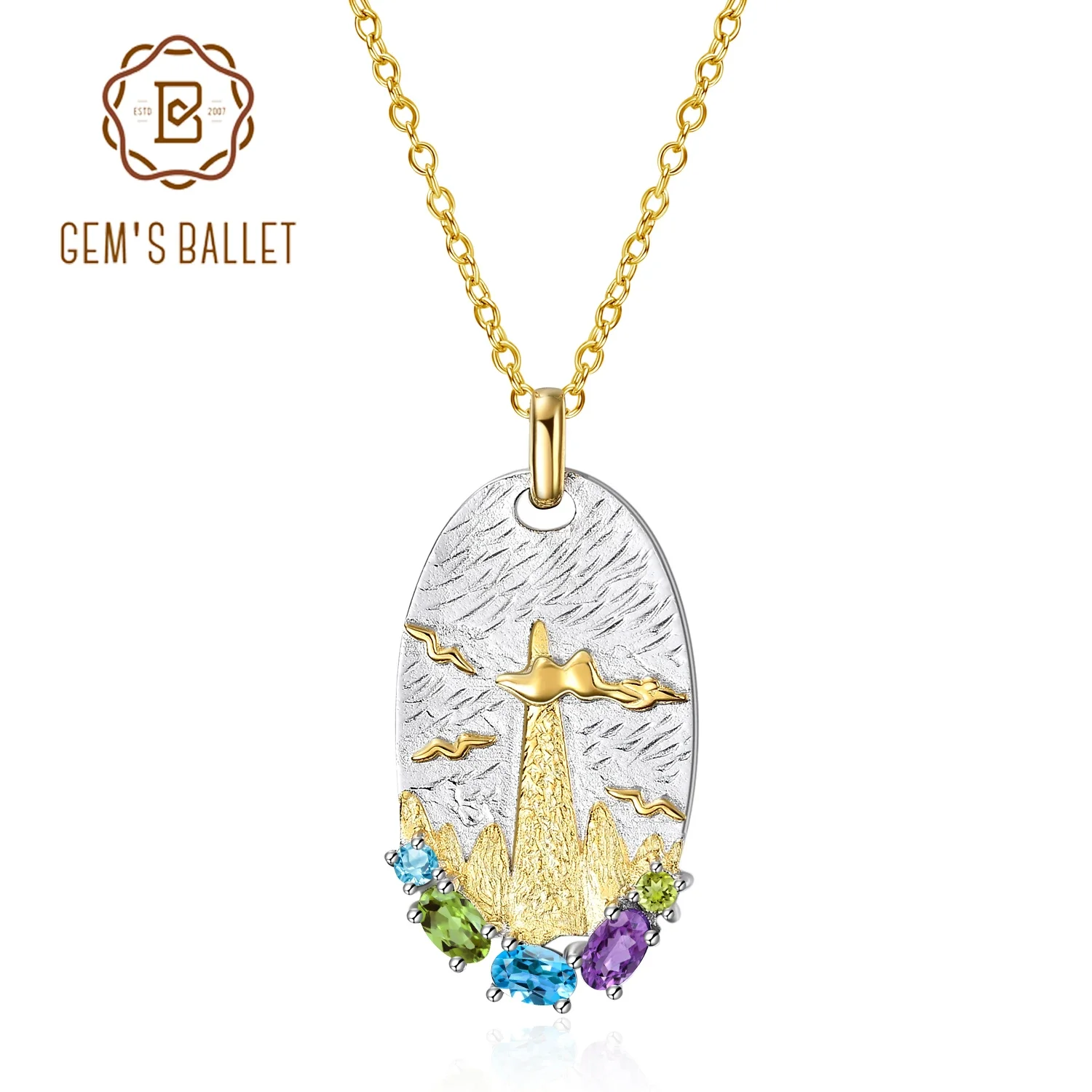 GEM'S BALLET Design 925 Silver Handmade Original Pendants Necklaces For Women Fine Jewelry Swiss Blue Topaz Amethyst Peak Cloud