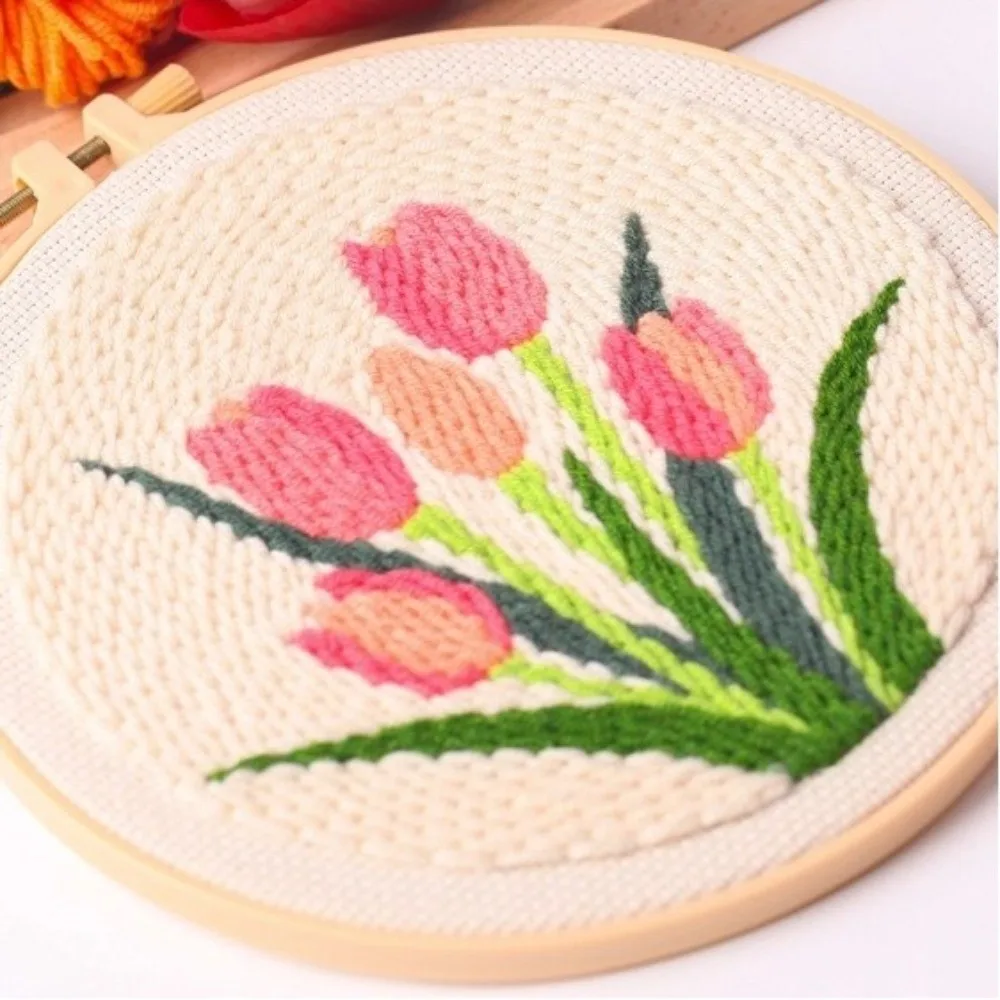 

Decoration with Hoop Tulip Sunflower Punch Needle Kit Yarn Thread Stamped Cloth DIY Embroidery Kit DIY Gift Rug Punch Kit