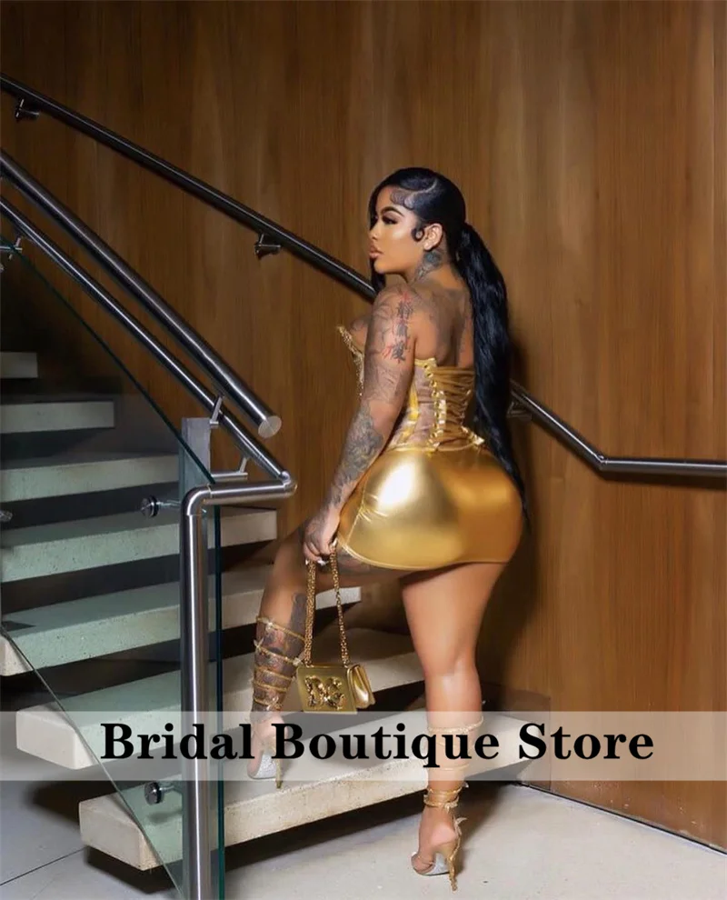 Sexy cristaux d'or robe de bal courte paillettes diamants perles Mini robe de Cocktail robe de fête d'anniversaire robe de retour personnalisée