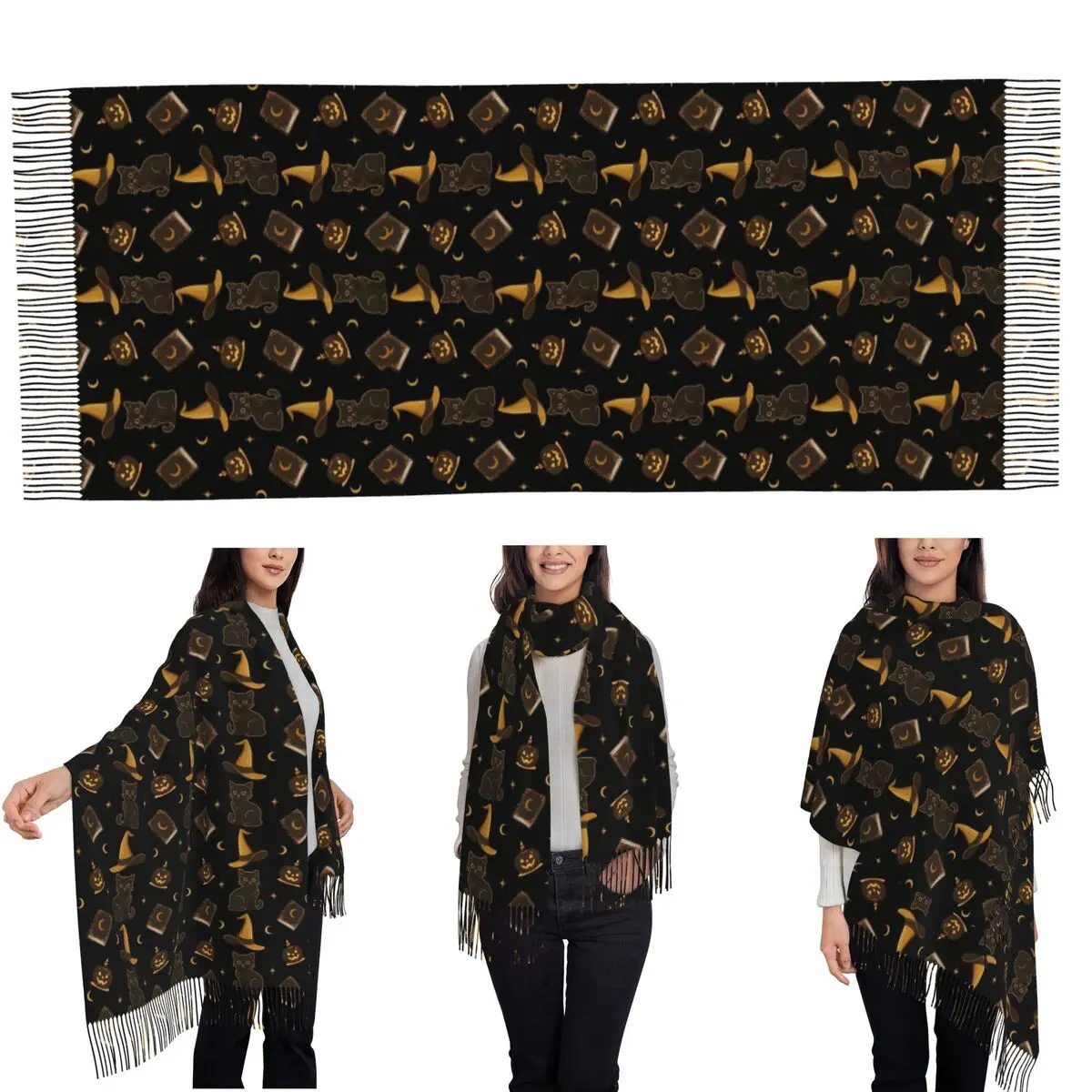 Witch Black Cat Pumpkin Halloween Pattern Scarf Tassel Scarves Women Soft Warm Shawls and Wraps Long Fall Winter Shawl Wrap