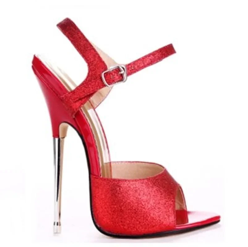 Summer Peep Toe Bling Bling Sandals Sexy Sky Ankle Buckle Strap For Women Metal Heels 16CM Glitter High Metal Heel Dress Shoes
