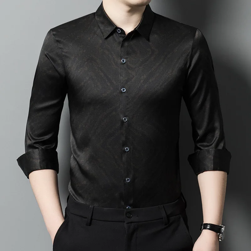 Men Silk Shirt Spring New Silk Long Sleeve Shirt Fashion Casual Satin Silk Men Top