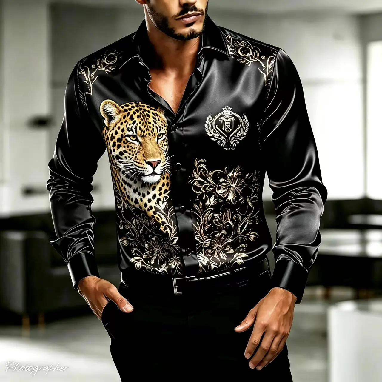 Men's Long Sleevd Shirt Wolf Leopard Baroque Printed Satin Silk Casual Button up Shirt Party Luxurious Floral Animal Top
