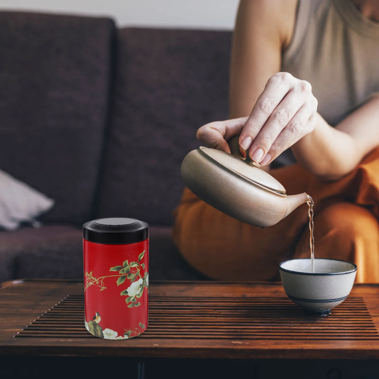 Airtight โลหะกระป๋องชาดอกไม้สีแดงนกออกแบบ Tinplate Storage Jar สําหรับชาใบหลวมกาแฟถั่ว Candy Snack Holder ขนาดใหญ่
