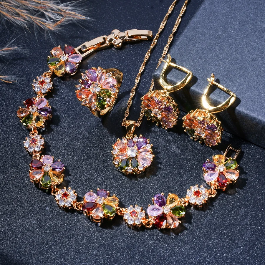 Vintage Luxury 4-Piece Jewelry Set Multicolor Zircon Flower Style Earrings, Necklace, and Ring  Gift for Wedding,