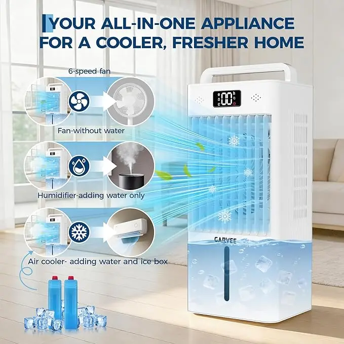 2.6 Gal Portable Air Cooler Portable Air Conditioner with HEPA Filter 3 Speeds Auto Swing with Remote,Ice Packs for Home