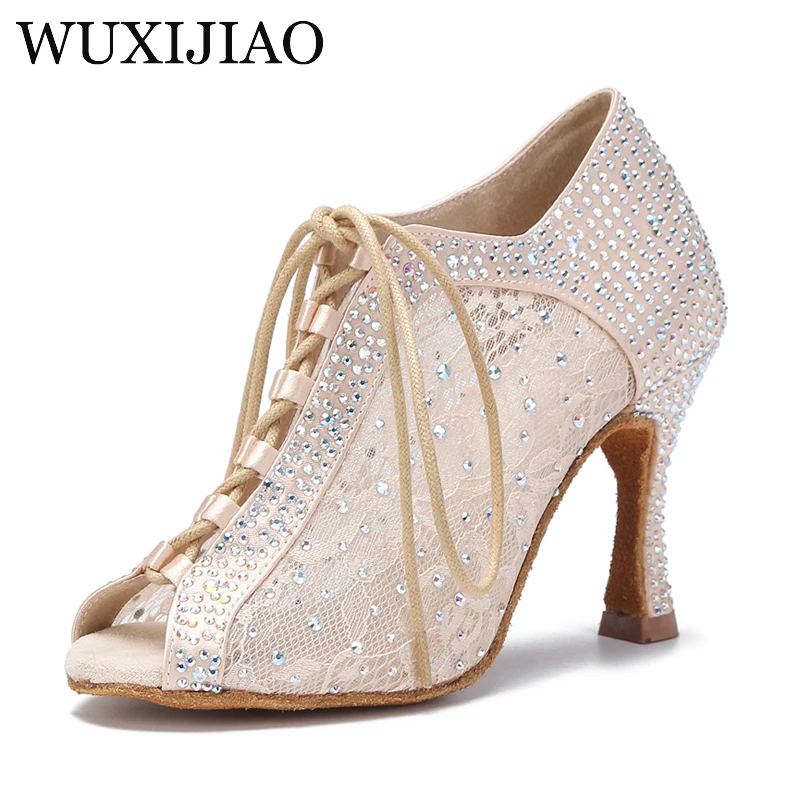 WUXIJIAO Ladies Rhinestone Lace Mesh Strap Latin Tango Salsa Ballroom High Heels Soft Sole Sandals Wedding