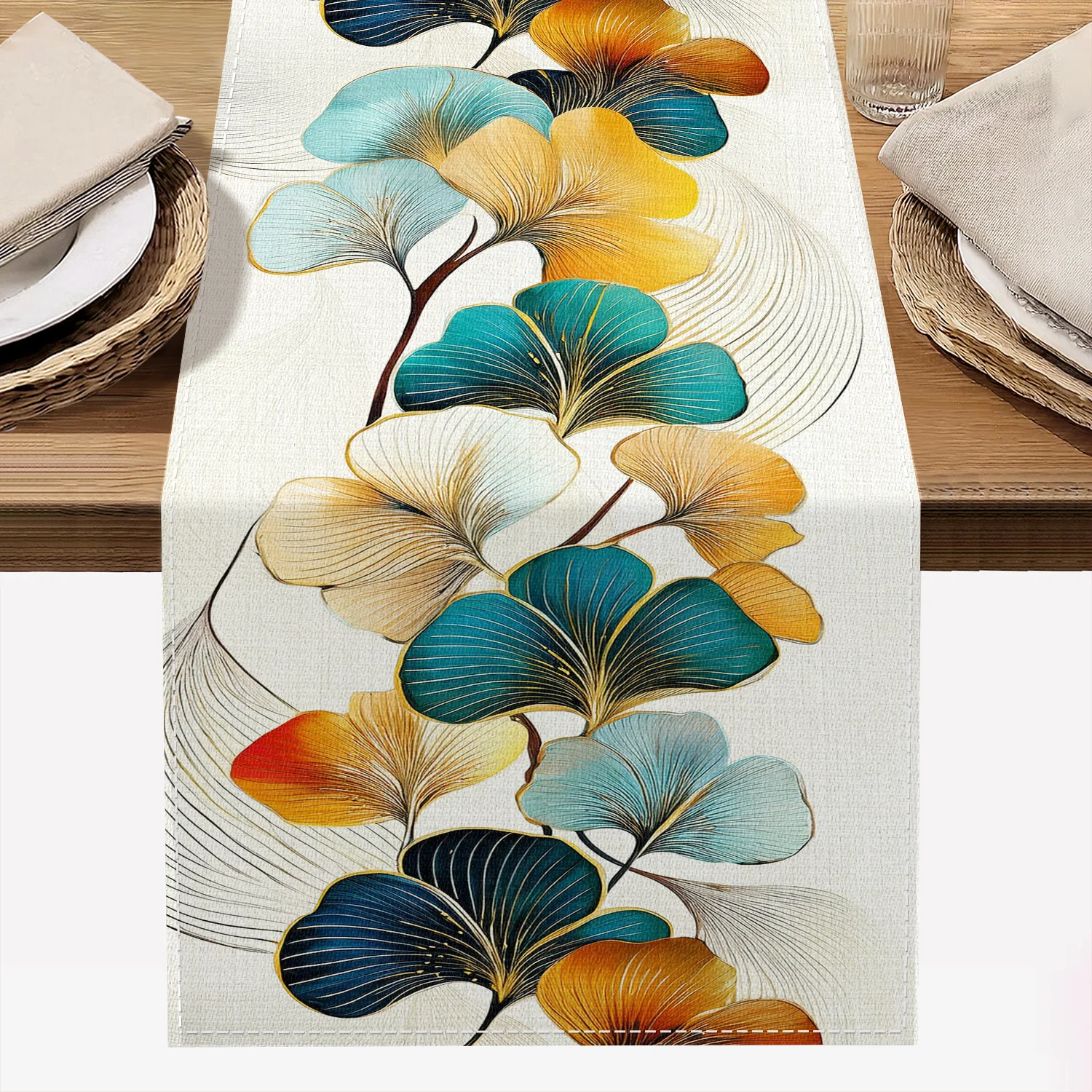 Colorful Leaves Linen Table Runner Holiday Party Decor washable Ginkgo Leaf Printed Kitchen Dining Table Runners Home Decoration