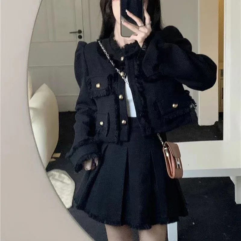 Vintage Cropped Blazers Mini Skirts 2pcs Set Koean Women Long Sleeved Jackets Tops with High Waist Pleated A-line Skirt Suits