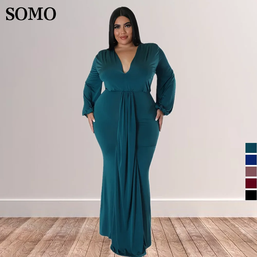 

2022 Maxi Long Dresses Fashion Solid Color Elegance Plus Size Sexy V Neck Dress Chic Party Wears Wholesale Dropshipping