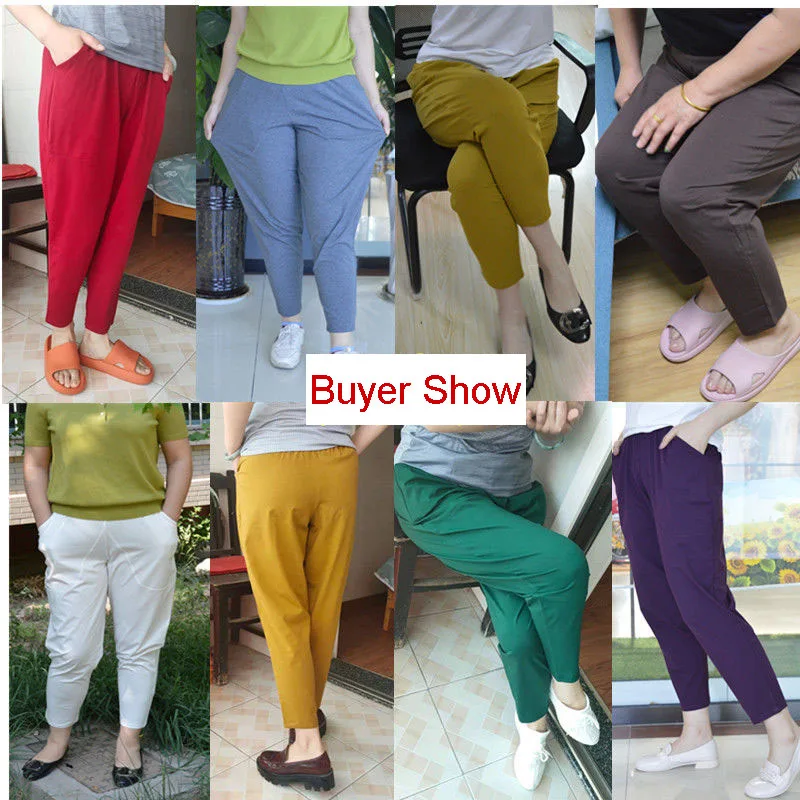 Oversize 7xl Algodão Stretch Harem Pants Mãe Fina Verão Baggy Pantalones Mulheres Candy Color Casual Capris Calças de Cintura Alta