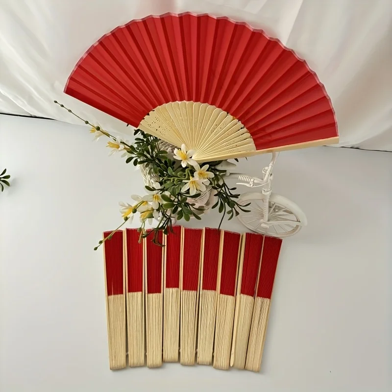 10pcs Red Folding Fans Bamboo Handheld Wedding Fans Mini Fan For Bridal Dancing Party Favors Individual Package Diy Craft Photo
