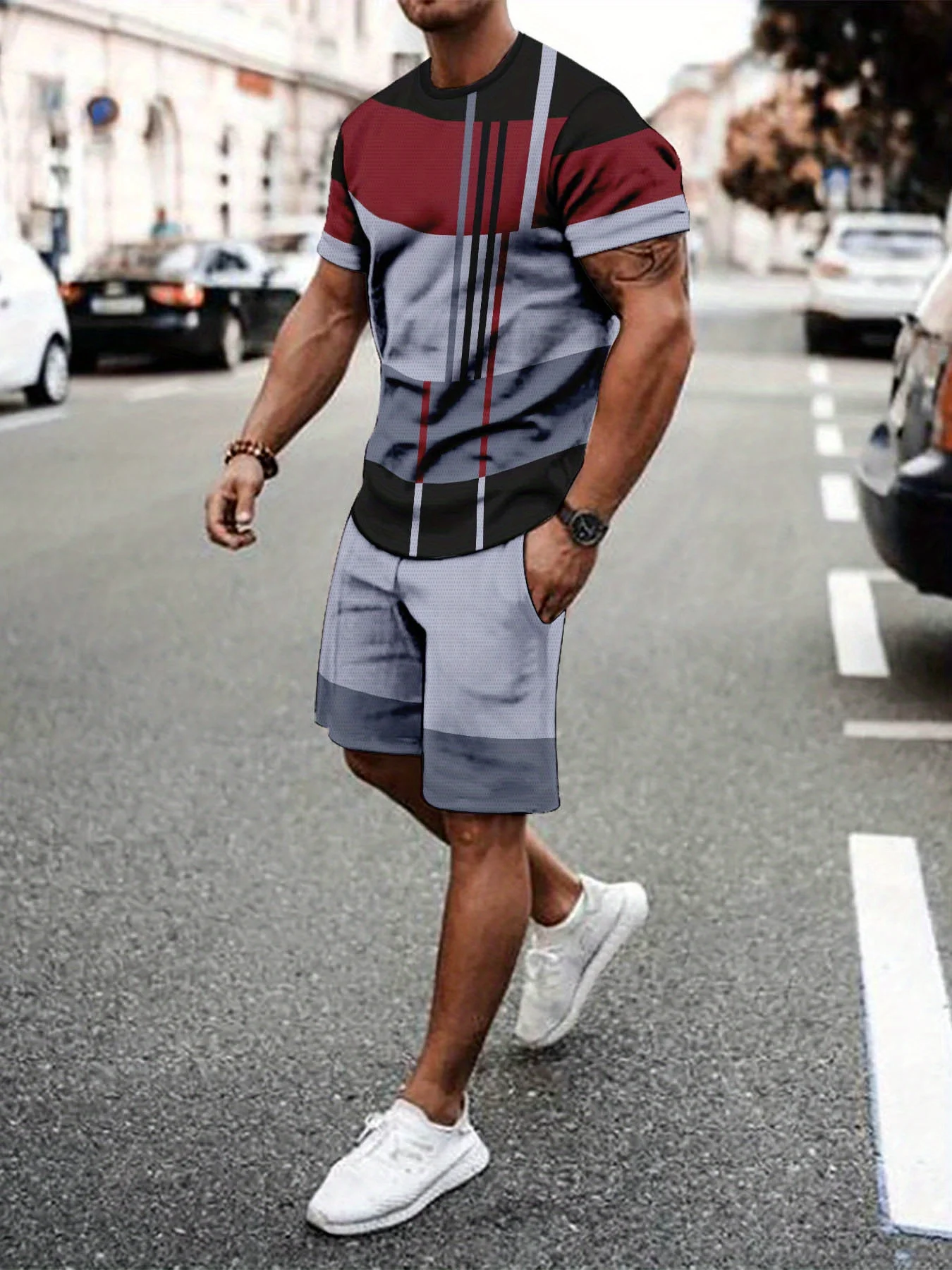 

Men's summer casual sportswear set, breathable outdoor crew neck T-shirt and shorts, 3D print design, regular fit, 100% polyeste