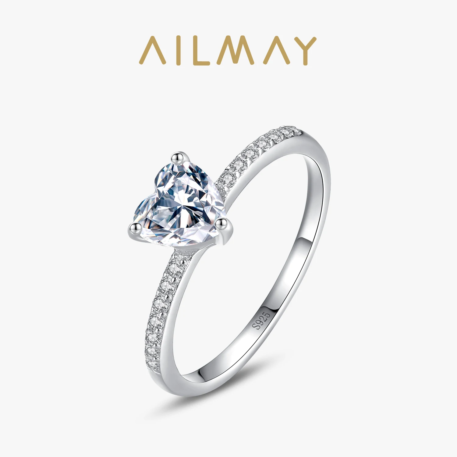 Ailmay Real 925 Sterling Silver Clear heart CZ Ring Sparkling Charm Finger Ring For Women Classic Wedding Statement Jewelry