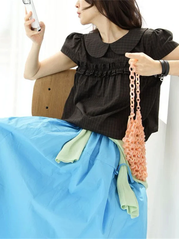 

Retro Korean Style Plaid Doll Collar Short Sleeve Women's Shirt Wood Grain Slimming Japanese College Style Top