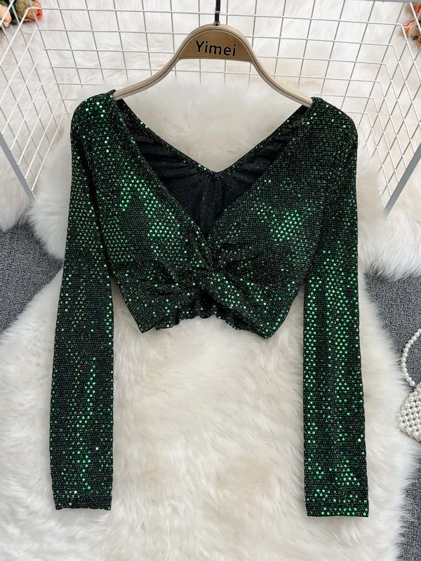 Sexy Short V-neck Glitter Shirt Women's Fashionable Slim Fit Shirt Korean Style Commute Glitter Bells Long Sleeve Anti-soiling