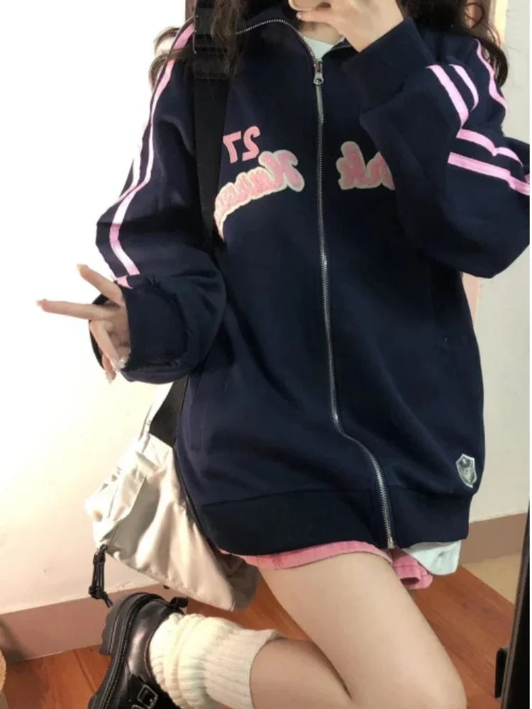 QWEEK American Retro Fashion Streetwear Hoodie Women Vintage Grunge Letter Embroidery Zipper Oversized Hooded Sweatshirt 2023