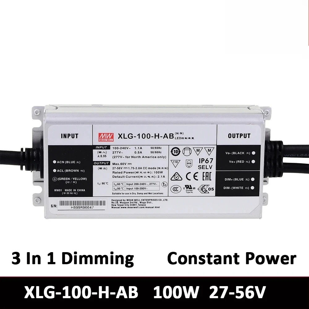 

XLG-100-H-AB 100W Constant Power 27-56V LED Driver 3 IN 1 Dimming IP67 PFC Switching Power Supply For LM301H