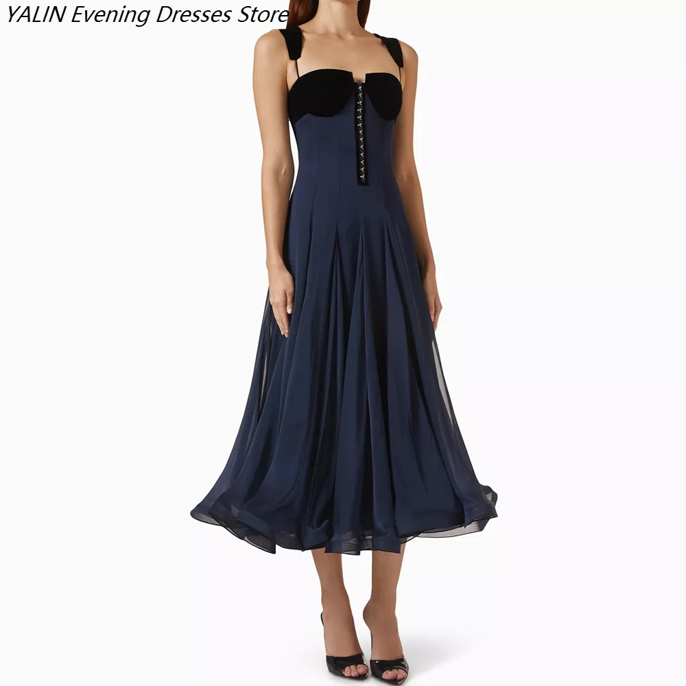 

Women's A-line Evening Dresses Tea-length Spaghetti Strap Sleeveless Prom Dresses Fashion Sequined Simple Draped Customized Gown
