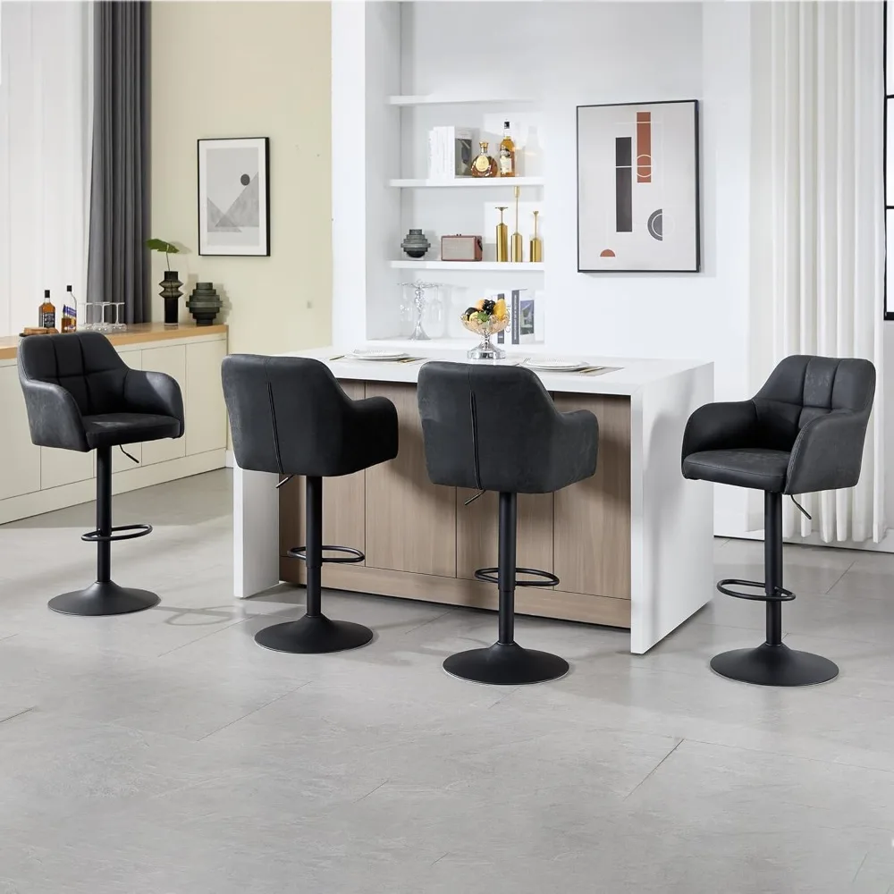 Drehbare, verstellbare Barhocker, 4er-Set, Barhocker aus Kunstleder mit Rückenlehne/Armlehne, gepolsterte moderne Theken-Barstühle mit