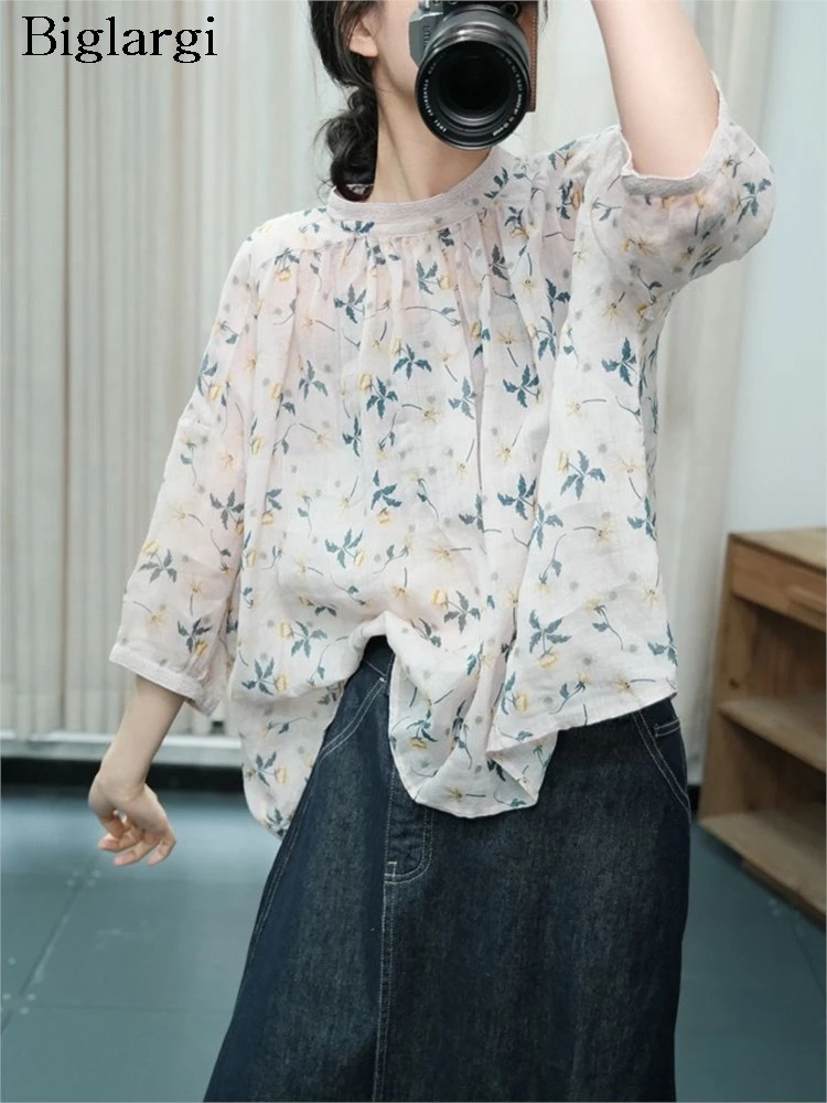 

Oversized Summer Shirts Women Flower Floral Print Fashion Ladies Blouses Ruffle Pleated Loose Casual Woman Shirt