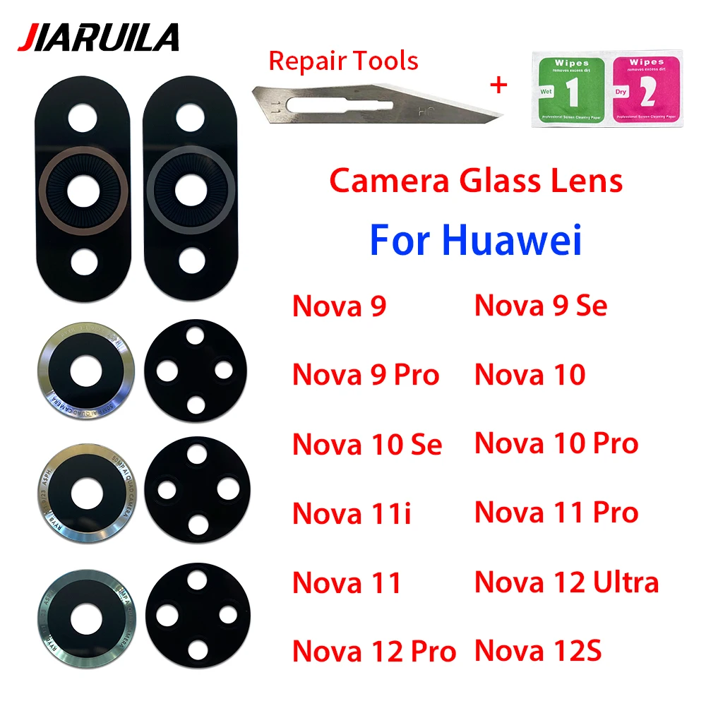 Huawei Nova 9 10 11 12 Pro Se Ultra 11i用リアカメラガラスレンズ10個、Huawei Nova 11用粘着剤付きバックカメラガラスレンズ