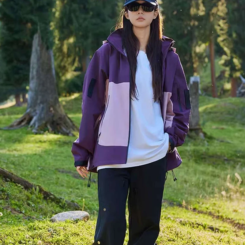 Loose Hooded Women's Windbreaker Jacket Fashion Mix Color Windbreaker Jacket Woman Outdoor Zipper Up Windproof Sports Coats Lady