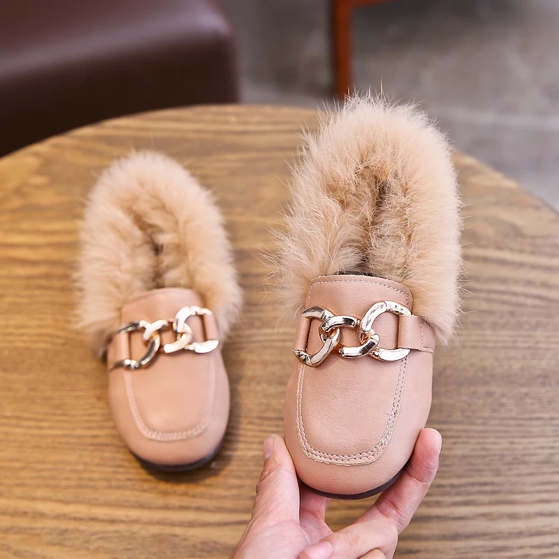 Luxury brand kid fur slippers boot retro antislip cotton shoe boy loafers winter plush kid shoe warm home shoe fashion girl shoe